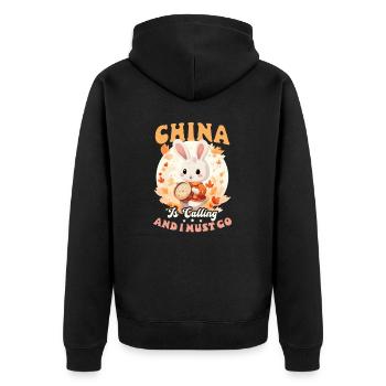 Chinese China Calling - Unisex Premium Organic Zip Hoodie - black - Back - Nico (187cm)