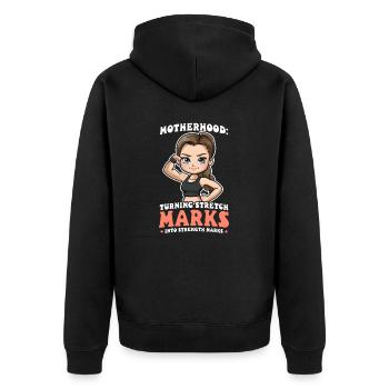 Bodybuilding Mama Dehnungsstreifen in Starkspuren - Unisex Premium Bio Zip Hoodie - Schwarz - Hinten - Nico (187cm)