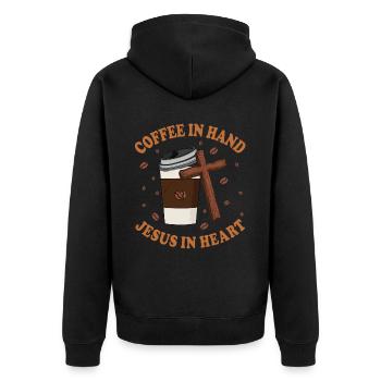 Jesus In My Heart Coffee In My Hand - Unisex Premium Organic Zip Hoodie - black - Back - Nico (187cm)