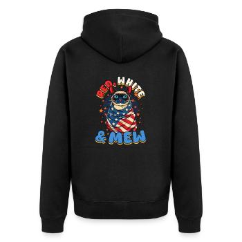 4. Juli Katze Rot, Weiß - Unisex Premium Bio Zip Hoodie - Schwarz - Hinten - Nico (187cm)