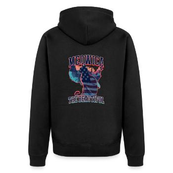 4. Juli Katze Meowica die Schöne - Unisex Premium Bio Zip Hoodie - Schwarz - Hinten - Nico (187cm)