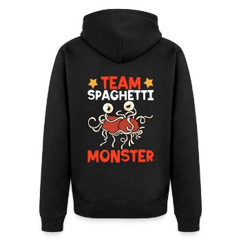 Fliegendes Spaghettimonster FSM - Unisex Premium Bio Zip Hoodie - Schwarz - Hinten - Nico (187cm)