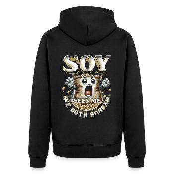 Sojaallergie Soy Sees Me We Both Scream - Unisex Premium Bio Zip Hoodie - Schwarz - Hinten - Nico (187cm)