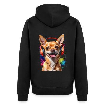 Chihuahua Kopfhörer Hund Lustig Tier Design Print - Unisex Premium Bio Zip Hoodie - Schwarz - Hinten - Nico (187cm)