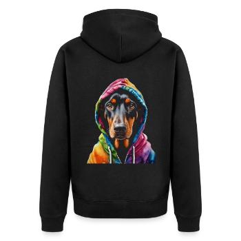 Dobermann Hoodie Hund Bunt Lustig Tier Print - Unisex Premium Bio Zip Hoodie - Schwarz - Hinten - Nico (187cm)