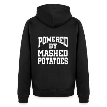 Powered By Mashed Potatoes - Unisex Premium Bio Zip Hoodie - Schwarz - Hinten - Nico (187cm)