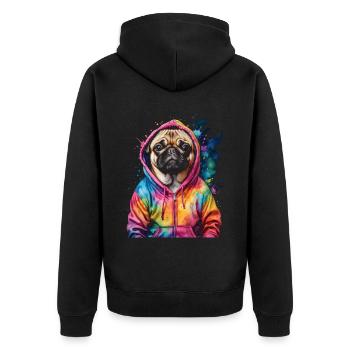 Mops Hoodie Hund Bunt Lustig Tier Design Print - Unisex Premium Bio Zip Hoodie - Schwarz - Hinten - Nico (187cm)