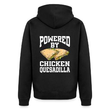 Powered By Chicken Quesadilla - Unisex Premium Bio Zip Hoodie - Schwarz - Hinten - Nico (187cm)