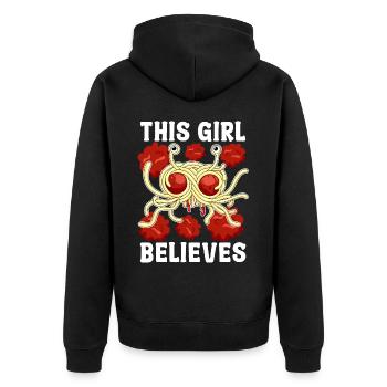 Fliegendes Spaghettimonster FSM - Unisex Premium Bio Zip Hoodie - Schwarz - Hinten - Nico (187cm)