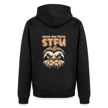 Faultier Stfu Would You Please Shut Up - Unisex Premium Bio Zip Hoodie - Schwarz - Hinten - Nico (187cm)
