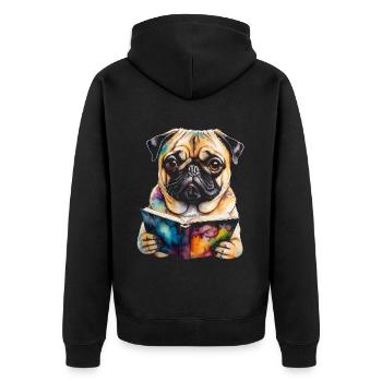 Mops Lesen Buch Hund Bunt Lustig Tier Design Print - Unisex Premium Bio Zip Hoodie - Schwarz - Hinten - Nico (187cm)