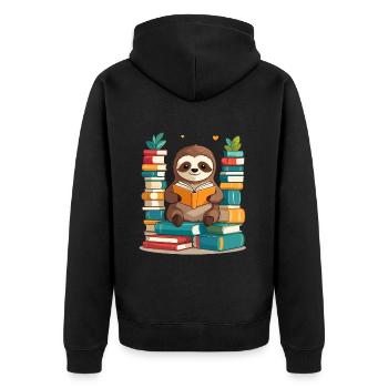 Funny Book Lover Sloth Cute Design - Unisex Premium Organic Zip Hoodie - black - Back - Nico (187cm)
