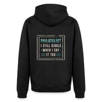 Stamp Collector Philatelist I Still Giggle Stamp - Unisex Premium Organic Zip Hoodie - black - Back - Nico (187cm)