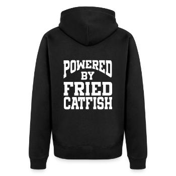Powered By Fried Catfish - Unisex Premium Bio Zip Hoodie - Schwarz - Hinten - Nico (187cm)