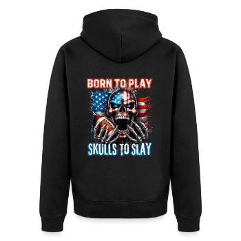 Patriotisches Totenkopf-Design American Football - Unisex Premium Bio Zip Hoodie - Schwarz - Hinten - Nico (187cm)