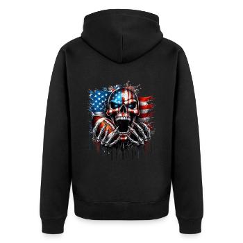 Patriotisches Totenkopf-Design American Football - Unisex Premium Bio Zip Hoodie - Schwarz - Hinten - Nico (187cm)