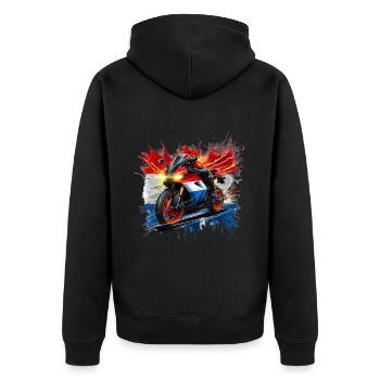 Motorradfahrer und stolzer Holländer Motorrad Shirts - Unisex Premium Bio Zip Hoodie - Schwarz - Hinten - Nico (187cm)