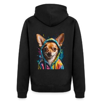 Chihuahua Hoodie Hund Bunt Lustig Tier Print - Unisex Premium Bio Zip Hoodie - Schwarz - Hinten - Nico (187cm)