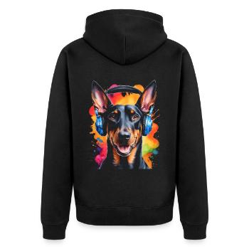 Dobermann Kopfhörer Hund Lustig Tier Design Print - Unisex Premium Bio Zip Hoodie - Schwarz - Hinten - Nico (187cm)