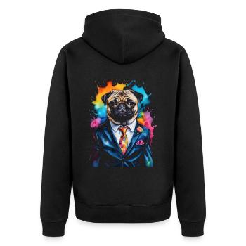 Mops Anzug Hund Bunt Lustig Tier Design Print - Unisex Premium Bio Zip Hoodie - Schwarz - Hinten - Nico (187cm)