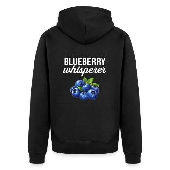 blueberry whisperer, blueberry - Unisex Premium Bio Zip Hoodie - Schwarz - Hinten - Nico (187cm)