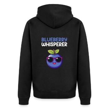 blueberry whisperer, blueberry - Unisex Premium Bio Zip Hoodie - Schwarz - Hinten - Nico (187cm)