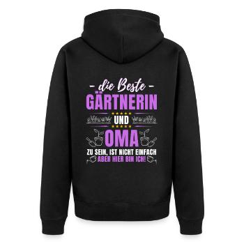 DIE BESTE GÄRTNERIN UND OMA! Lustiges Garten - Unisex Premium Bio Zip Hoodie - Schwarz - Hinten - Nico (187cm)