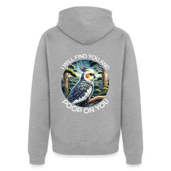 Dictons de calopsitte - Veste à capuche bio Premium Unisexe - gris chiné - Dos - Nico (187cm)