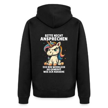 Bitte Nicht Ansprechen Ich Bin Wirklich So Genervt - Unisex Premium Bio Zip Hoodie - Schwarz - Hinten - Nico (187cm)