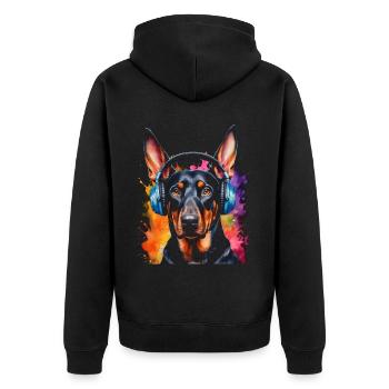 Dobermann Kopfhörer Hund Lustig Tier Design Print - Unisex Premium Bio Zip Hoodie - Schwarz - Hinten - Nico (187cm)