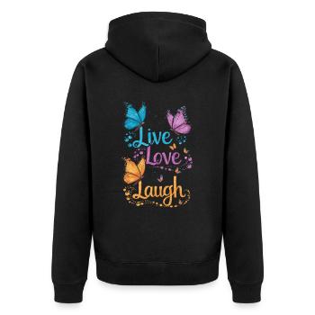 Inspirierender Live Love Laugh Schmetterling - Unisex Premium Bio Zip Hoodie - Schwarz - Hinten - Nico (187cm)