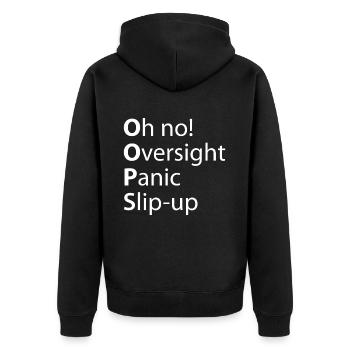 Oops Oversight Panik-ausrutscher - Unisex Premium Bio Zip Hoodie - Schwarz - Hinten - Nico (187cm)