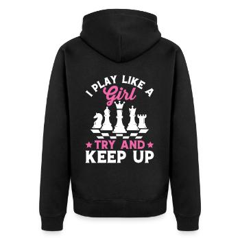 Lustiger Schachspieler Ich spiele wie ein Mädchen - Unisex Premium Bio Zip Hoodie - Schwarz - Hinten - Nico (187cm)