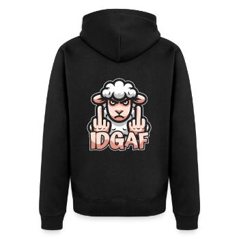 Schaf Es Ist Mir Scheißegal Idgaf - Unisex Premium Bio Zip Hoodie - Schwarz - Hinten - Nico (187cm)