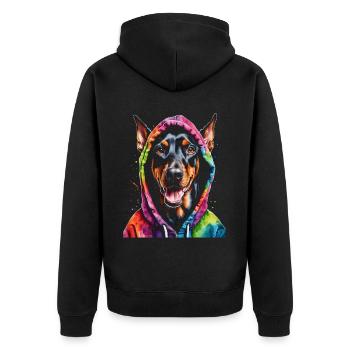 Dobermann Hoodie Hund Bunt Lustig Tier Print - Unisex Premium Bio Zip Hoodie - Schwarz - Hinten - Nico (187cm)