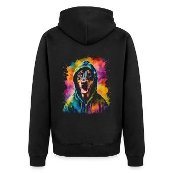 Dobermann Hoodie Hund Bunt Lustig Tier Print - Unisex Premium Bio Zip Hoodie - Schwarz - Hinten - Nico (187cm)