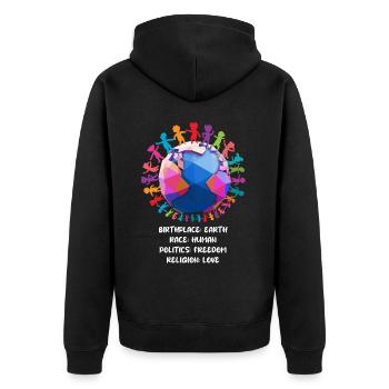 Schönes "gegen Rassismus" Refugees Welcome - Unisex Premium Bio Zip Hoodie - Schwarz - Hinten - Nico (187cm)