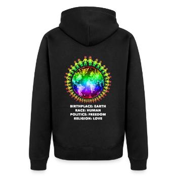 Schönes "gegen Rassismus" Refugees Welcome - Unisex Premium Bio Zip Hoodie - Schwarz - Hinten - Nico (187cm)