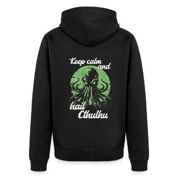 Keep Calm and Hail Cthulhu Lovecraft Necronomicon - Unisex Premium Bio Zip Hoodie - Schwarz - Hinten - Nico (187cm)