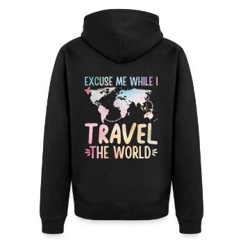 Excuse Me While I Travel The World - Unisex Premium Bio Zip Hoodie - Schwarz - Hinten - Nico (187cm)
