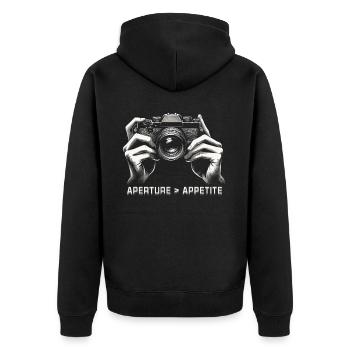 Fotograf Fotografie Fotografen Aperture Appetite - Unisex Premium Bio Zip Hoodie - Schwarz - Hinten - Nico (187cm)