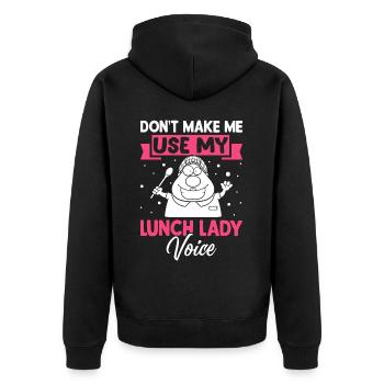 Cafeteria-Mitarbeiterin zwingt mich nicht, die Sti - Unisex Premium Bio Zip Hoodie - Schwarz - Hinten - Nico (187cm)