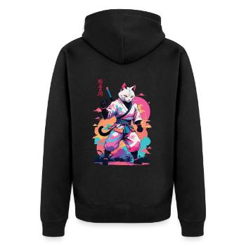 Samurai Katze Vaporwave Aesthetic Japan Kunst - Unisex Premium Bio Zip Hoodie - Schwarz - Hinten - Nico (187cm)