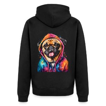 Mops Hoodie Hund Bunt Lustig Tier Design Print - Unisex Premium Bio Zip Hoodie - Schwarz - Hinten - Nico (187cm)