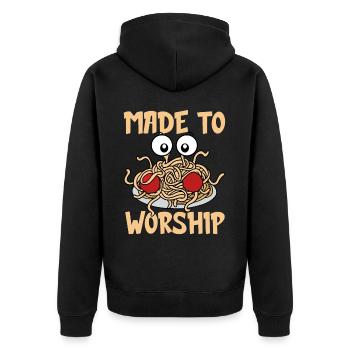 Fliegendes Spaghettimonster FSM - Unisex Premium Bio Zip Hoodie - Schwarz - Hinten - Nico (187cm)