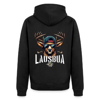 Tracht Kinder Lausbua T-Shirt Herren Trachtenshirt - Unisex Premium Bio Zip Hoodie - Schwarz - Hinten - Nico (187cm)