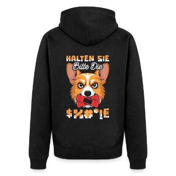 Corgi Halten Sie Bitte Die Fresse - Unisex Premium Bio Zip Hoodie - Schwarz - Hinten - Nico (187cm)