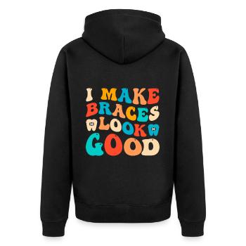 Witziger Zahnspangen Spruch - Unisex Premium Bio Zip Hoodie - Schwarz - Hinten - Nico (187cm)