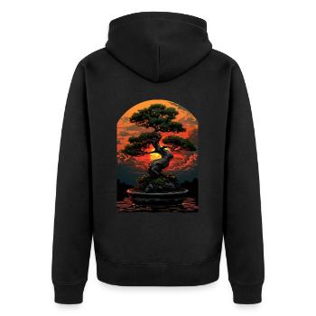 Bonsai Baum Sonnenuntergang Kunst, Zen Japanischer Garten, - Unisex Premium Bio Zip Hoodie - Schwarz - Hinten - Nico (187cm)