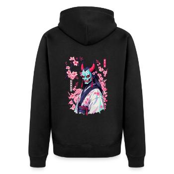 Oni Samurai Vaporwave Aesthetic Japan Kultur - Unisex Premium Bio Zip Hoodie - Schwarz - Hinten - Nico (187cm)